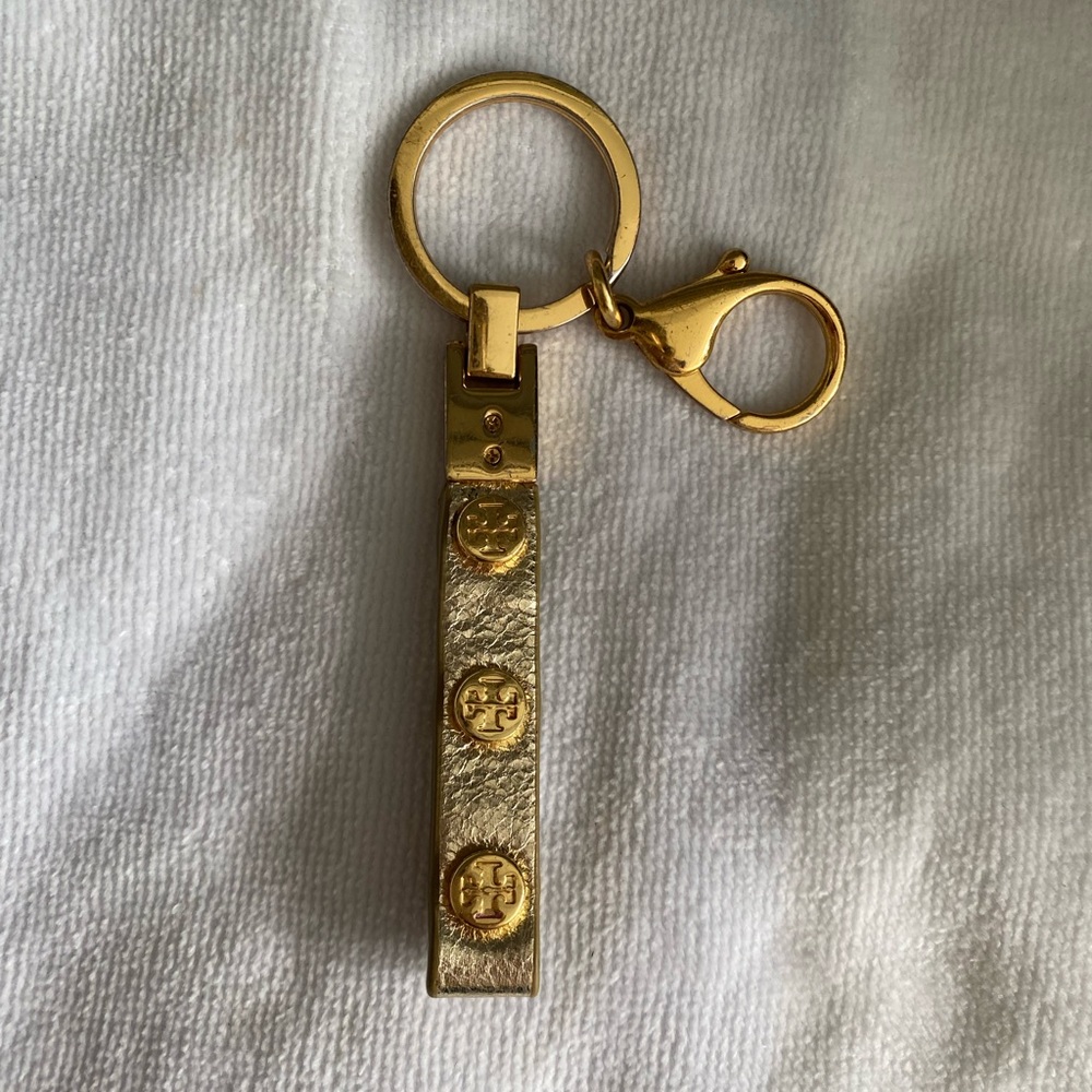 Tory Burch gold leather logo keychain